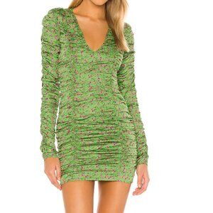 NWOT Camila Coehlo Solana Deep V Long Sleeve Ruched Mini Dress Green Flora